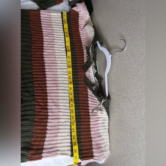Wonderly Distressed Striped V-Neck Sweater - Olive, Pink, Brown - Picture 5 of 7